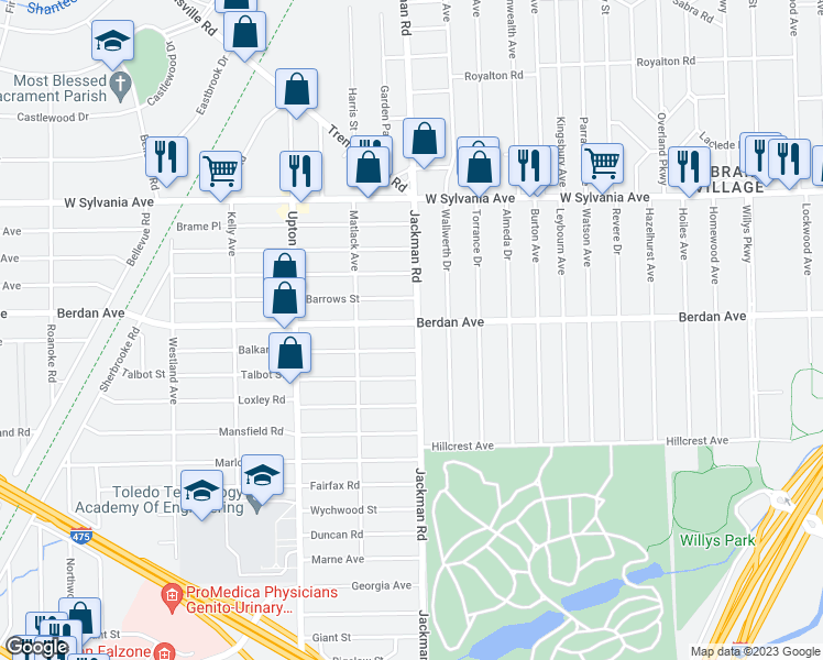 map of restaurants, bars, coffee shops, grocery stores, and more near 3749 Jackman Road in Toledo