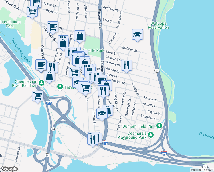 map of restaurants, bars, coffee shops, grocery stores, and more near 682 Eastern Avenue in Fall River