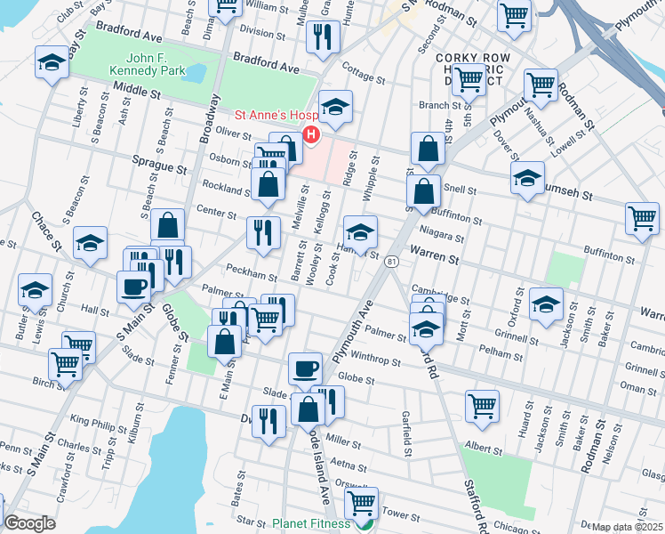 map of restaurants, bars, coffee shops, grocery stores, and more near 91 Cook Street in Fall River