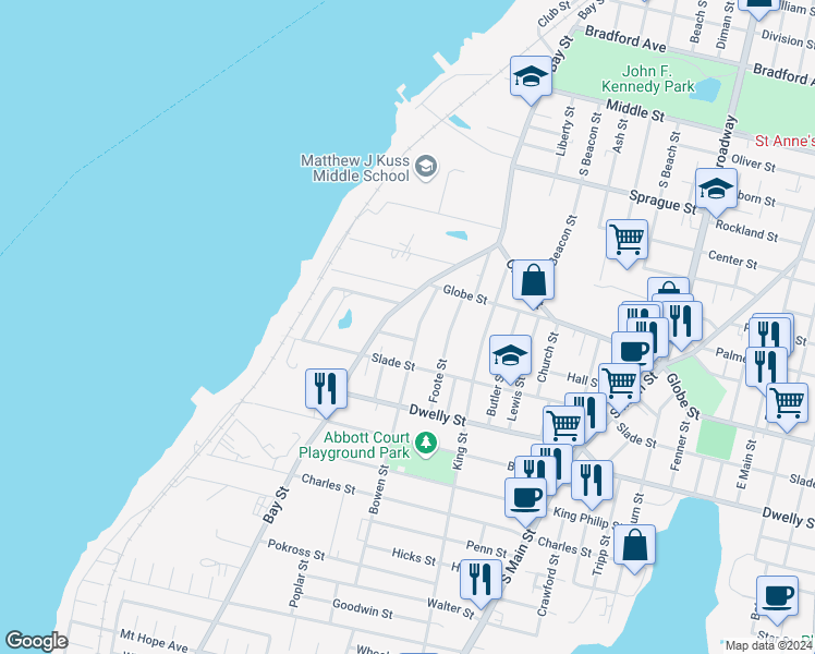 map of restaurants, bars, coffee shops, grocery stores, and more near 130 Bowen Street in Fall River