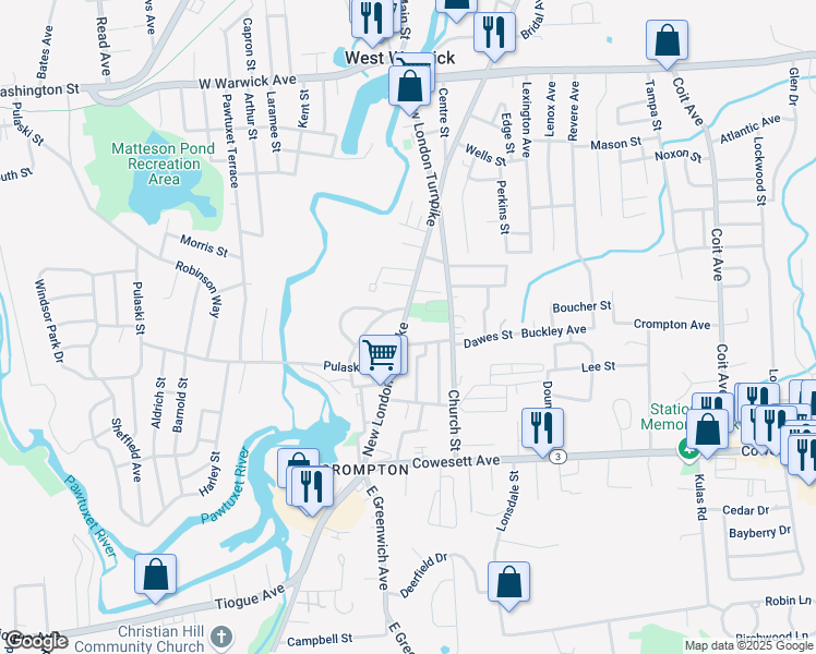 map of restaurants, bars, coffee shops, grocery stores, and more near 11 Nestor Street in West Warwick