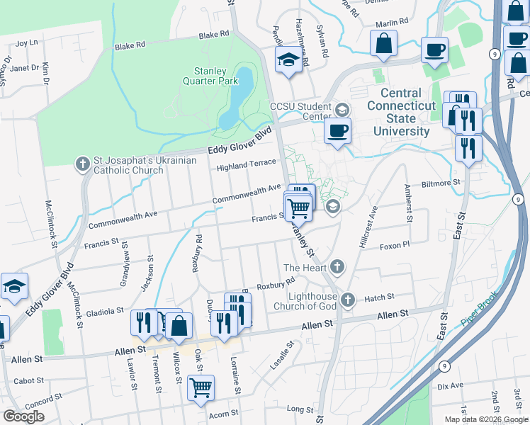 map of restaurants, bars, coffee shops, grocery stores, and more near 146 Francis Street in New Britain