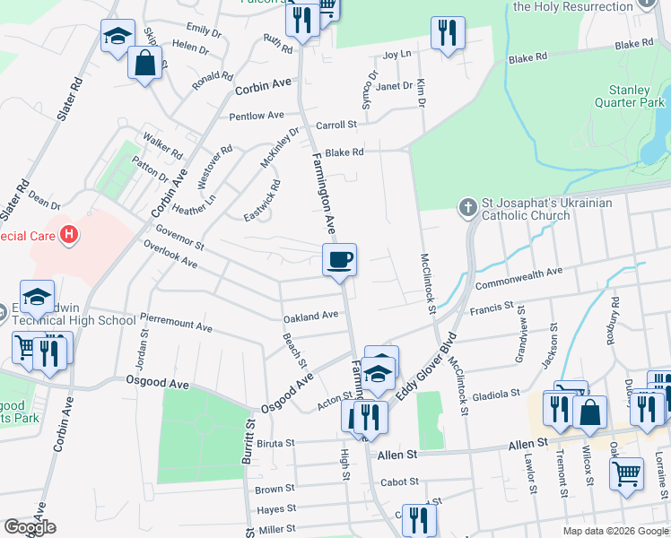 map of restaurants, bars, coffee shops, grocery stores, and more near 375 Farmington Avenue in New Britain