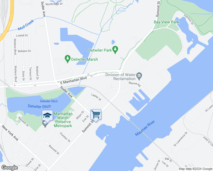 map of restaurants, bars, coffee shops, grocery stores, and more near 3739 Erie Street in Toledo