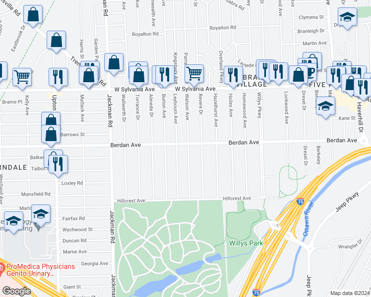 map of restaurants, bars, coffee shops, grocery stores, and more near 3664 Leybourn Avenue in Toledo