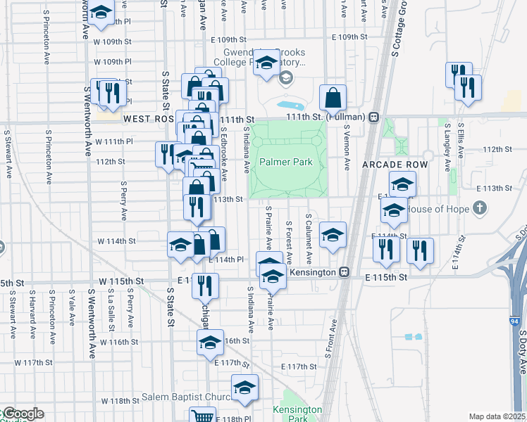 map of restaurants, bars, coffee shops, grocery stores, and more near 11337 South Prairie Avenue in Chicago