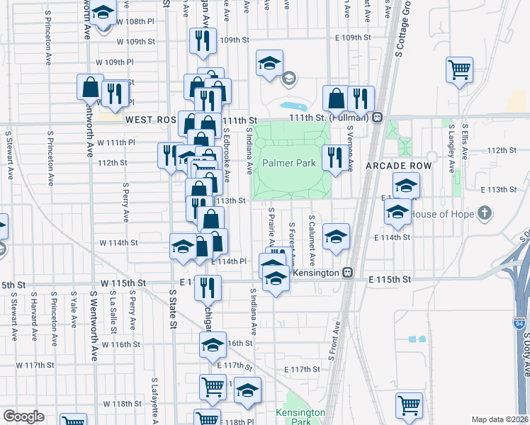 map of restaurants, bars, coffee shops, grocery stores, and more near 11333 South Indiana Avenue in Chicago