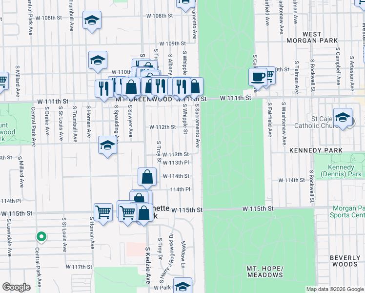 map of restaurants, bars, coffee shops, grocery stores, and more near 11254 South Whipple Street in Chicago
