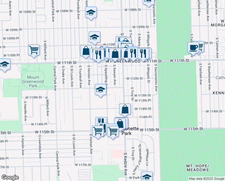 map of restaurants, bars, coffee shops, grocery stores, and more near 11300 South Sawyer Avenue in Chicago
