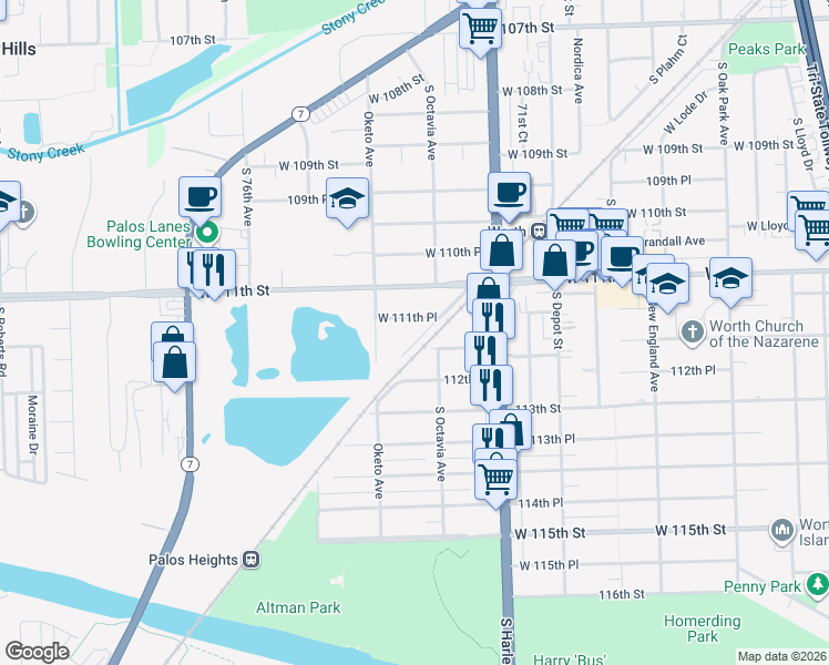 map of restaurants, bars, coffee shops, grocery stores, and more near 11170 South Columbus Drive in Worth