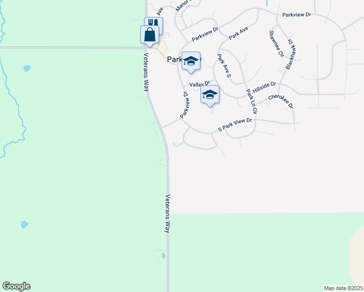 map of restaurants, bars, coffee shops, grocery stores, and more near 19 Park Crest Court in Eldridge