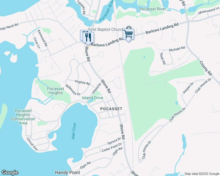 map of restaurants, bars, coffee shops, grocery stores, and more near 936 Shore Road in Bourne