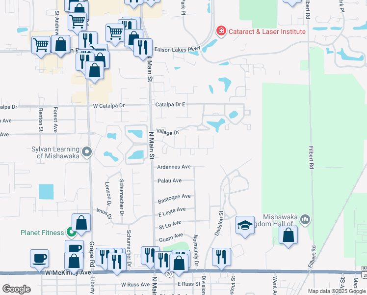 map of restaurants, bars, coffee shops, grocery stores, and more near 218 Charleston Drive in Mishawaka