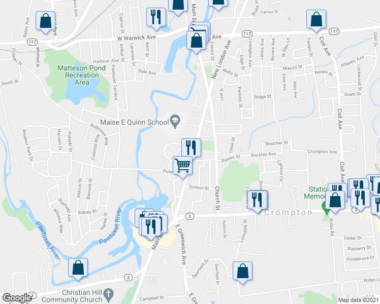 map of restaurants, bars, coffee shops, grocery stores, and more near 1609 Main Street in West Warwick