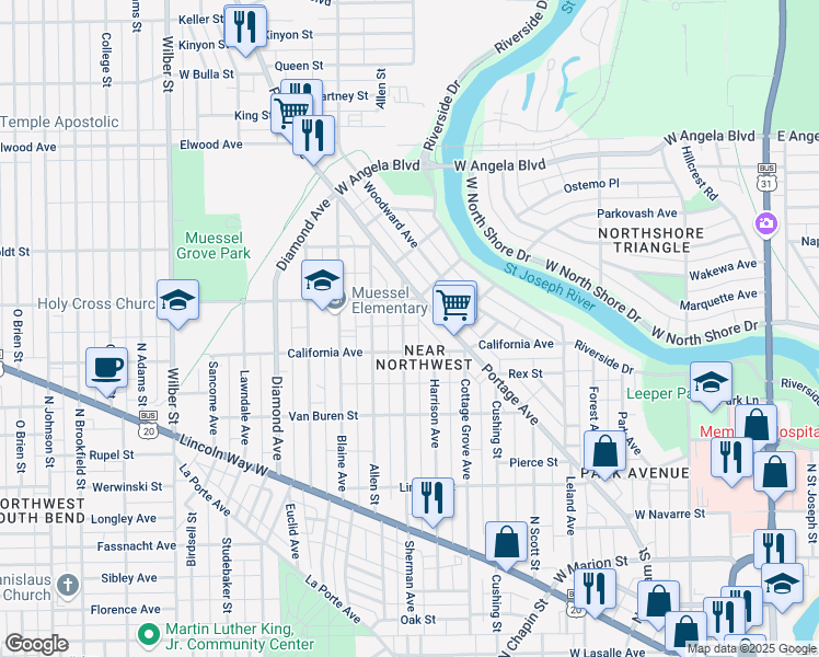 map of restaurants, bars, coffee shops, grocery stores, and more near 1018 Sherman Avenue in South Bend