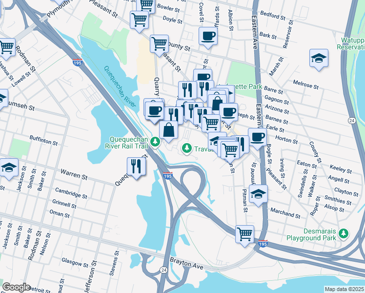 map of restaurants, bars, coffee shops, grocery stores, and more near 69 Alden Street in Fall River