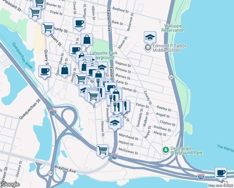 map of restaurants, bars, coffee shops, grocery stores, and more near 682 Eastern Avenue in Fall River