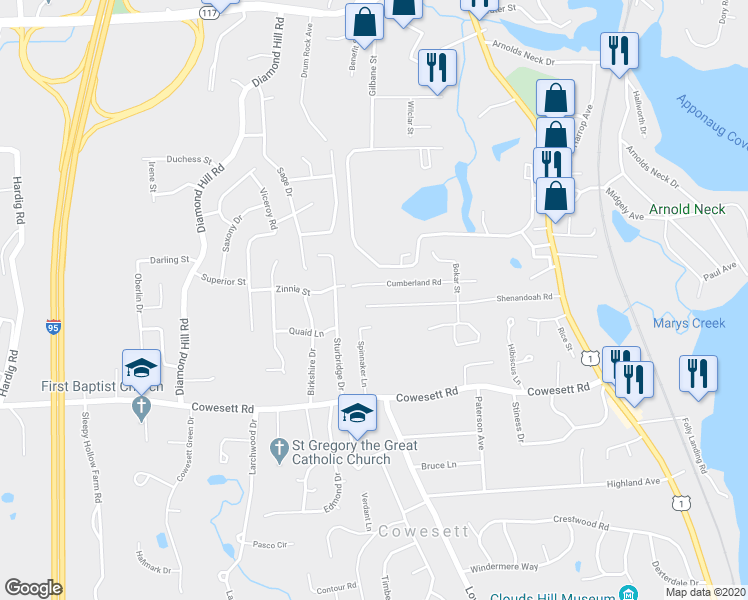 map of restaurants, bars, coffee shops, grocery stores, and more near 221 Shenandoah Road in Warwick