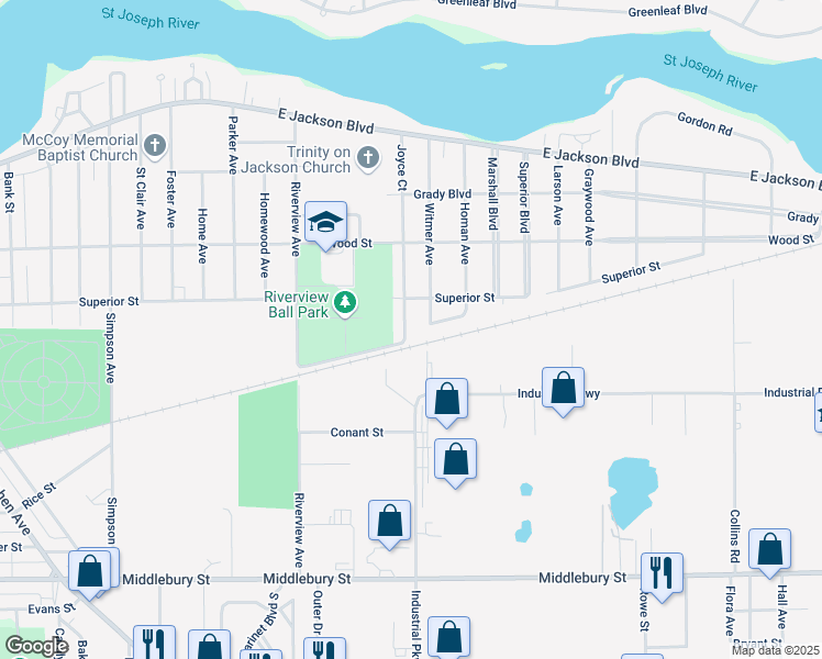 map of restaurants, bars, coffee shops, grocery stores, and more near 343 Joyce Ct in Elkhart