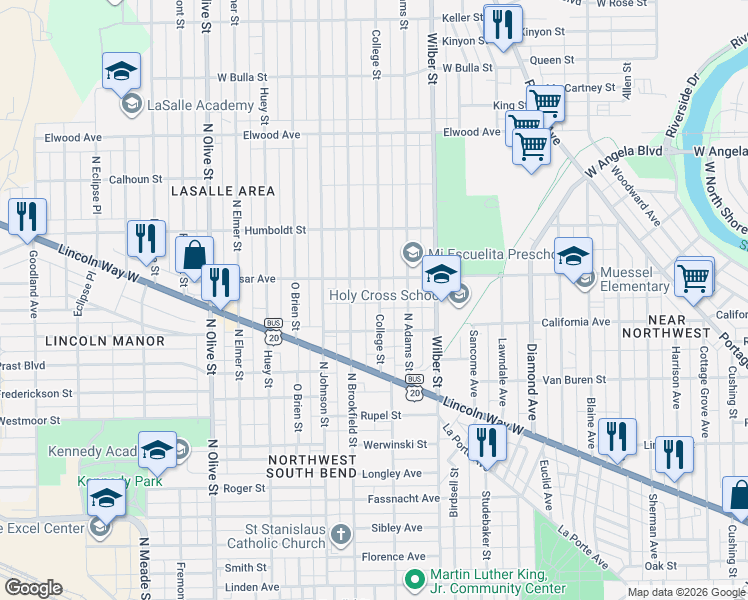 map of restaurants, bars, coffee shops, grocery stores, and more near 1031 College Street in South Bend