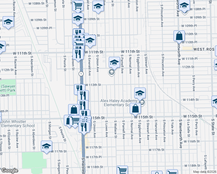 map of restaurants, bars, coffee shops, grocery stores, and more near 11305 South Lowe Avenue in Chicago