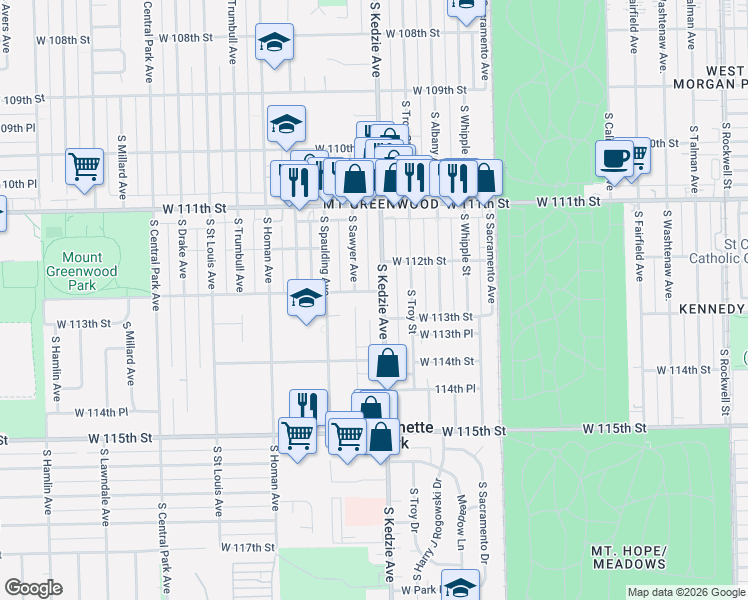 map of restaurants, bars, coffee shops, grocery stores, and more near 11259 South Kedzie Avenue in Chicago