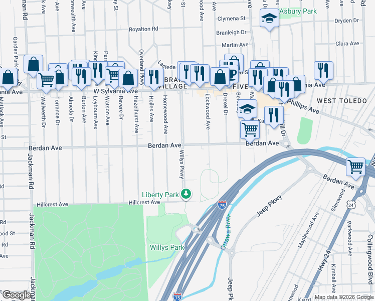 map of restaurants, bars, coffee shops, grocery stores, and more near 3646 Willys Parkway in Toledo