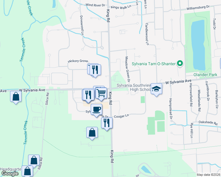 map of restaurants, bars, coffee shops, grocery stores, and more near Sylvania Ave & N King Rd in Sylvania