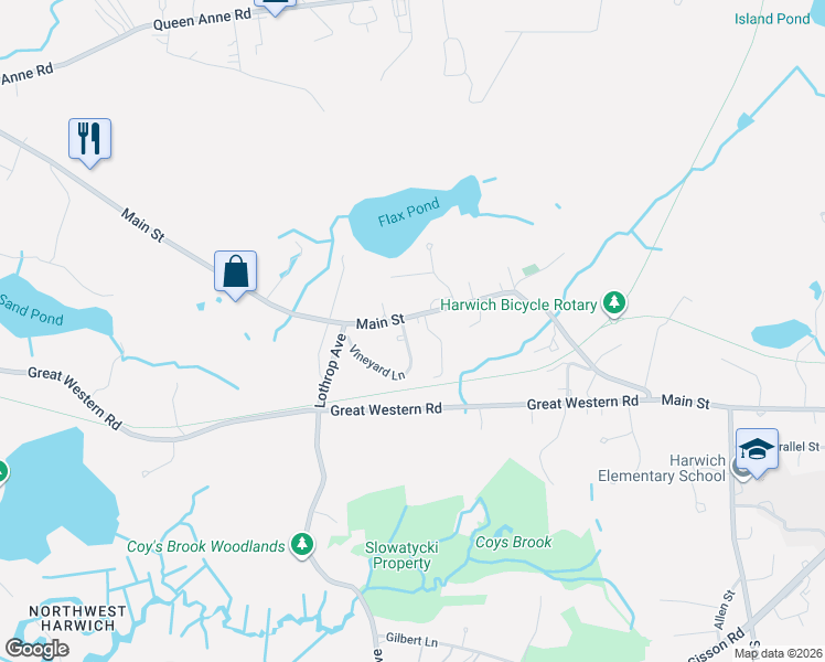 map of restaurants, bars, coffee shops, grocery stores, and more near 15 Vineyard Lane in Harwich