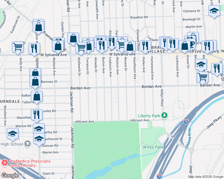 map of restaurants, bars, coffee shops, grocery stores, and more near 3664 Leybourn Avenue in Toledo