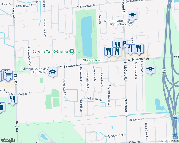 map of restaurants, bars, coffee shops, grocery stores, and more near 3901 Wheatlands Road in Sylvania