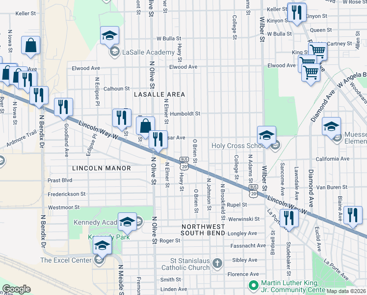 map of restaurants, bars, coffee shops, grocery stores, and more near 2201 Lincoln Way West in South Bend