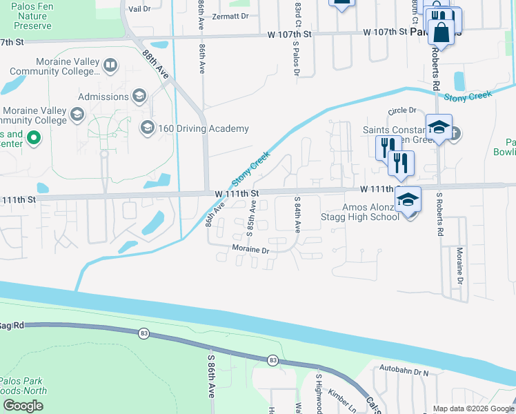 map of restaurants, bars, coffee shops, grocery stores, and more near 2 Cour Masson in Palos Hills