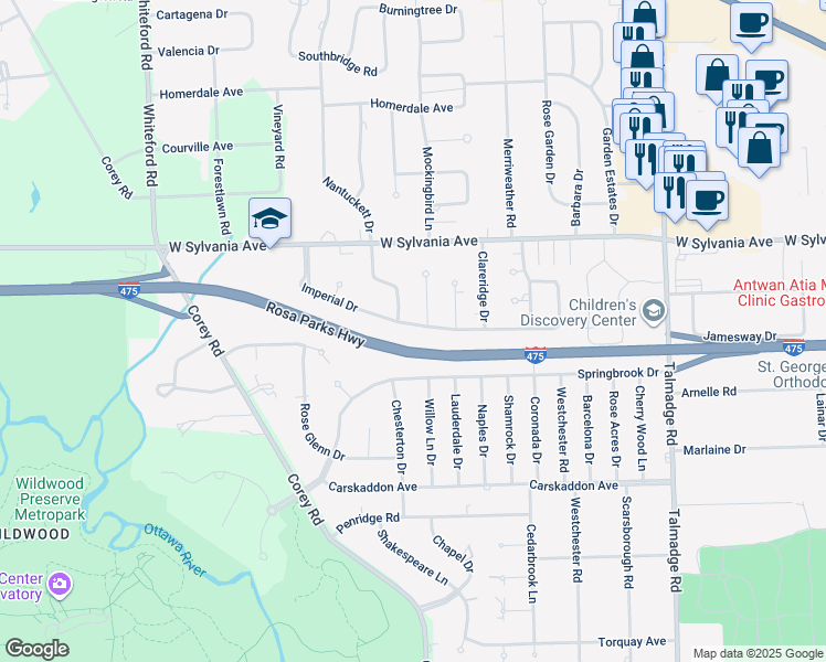 map of restaurants, bars, coffee shops, grocery stores, and more near 4708 Springbrook Drive in Toledo