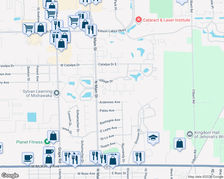 map of restaurants, bars, coffee shops, grocery stores, and more near 218 Charleston Drive in Mishawaka