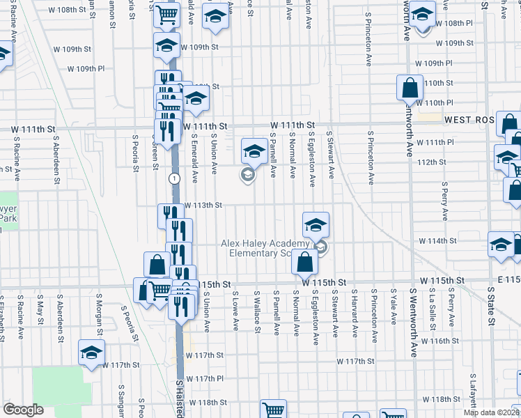 map of restaurants, bars, coffee shops, grocery stores, and more near 11322 South Wallace Street in Chicago