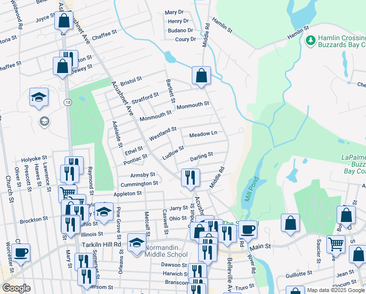 map of restaurants, bars, coffee shops, grocery stores, and more near 743 Ludlow Street in New Bedford