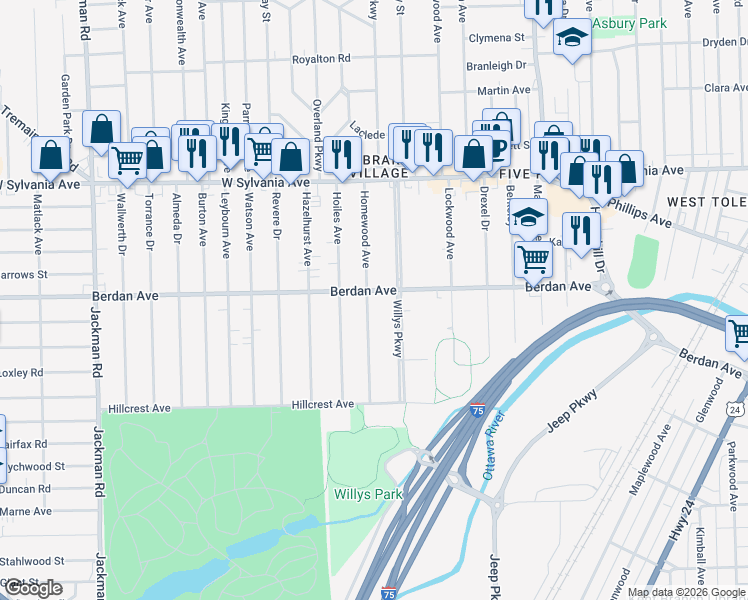 map of restaurants, bars, coffee shops, grocery stores, and more near 3646 Homewood Avenue in Toledo