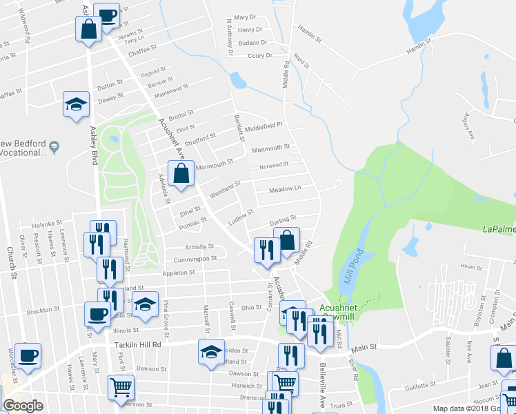 map of restaurants, bars, coffee shops, grocery stores, and more near 331 Ludlow Street in Acushnet