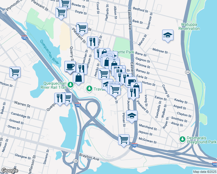 map of restaurants, bars, coffee shops, grocery stores, and more near 253 Alden Street in Fall River