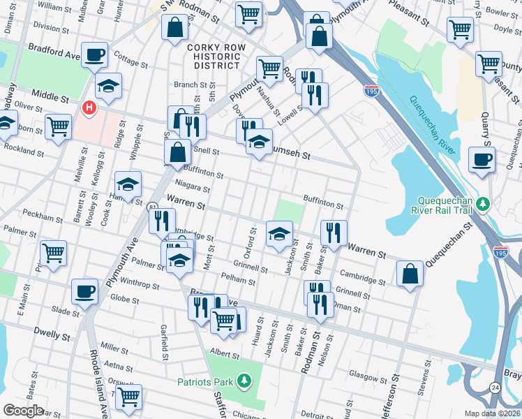 map of restaurants, bars, coffee shops, grocery stores, and more near 303 Warren Street in Fall River