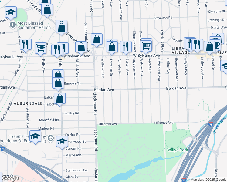 map of restaurants, bars, coffee shops, grocery stores, and more near 3707 Almeda Drive in Toledo