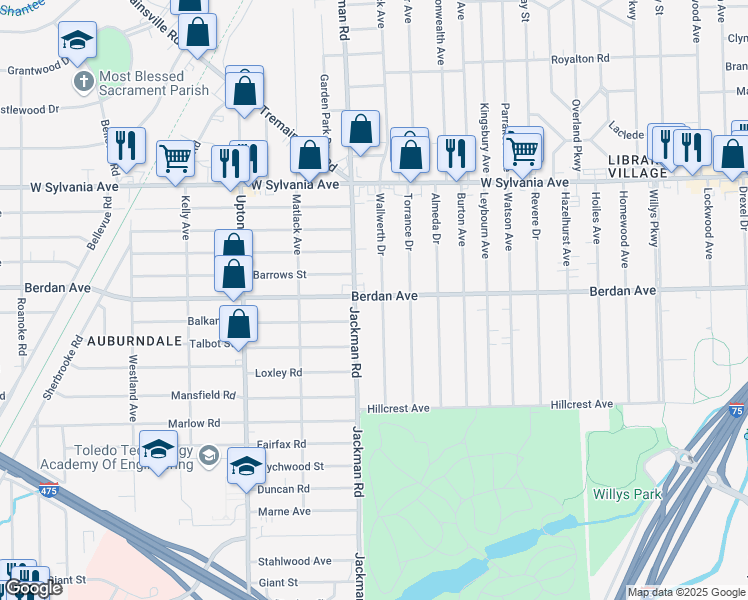 map of restaurants, bars, coffee shops, grocery stores, and more near 3732 Jackman Road in Toledo