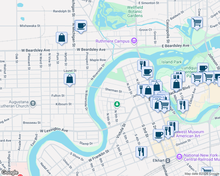 map of restaurants, bars, coffee shops, grocery stores, and more near 509 Sherman Street in Elkhart