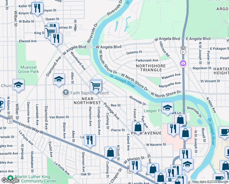 map of restaurants, bars, coffee shops, grocery stores, and more near 716 California Avenue in South Bend