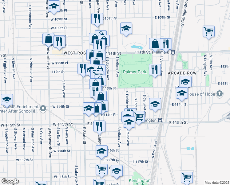 map of restaurants, bars, coffee shops, grocery stores, and more near 11333 South Indiana Avenue in Chicago