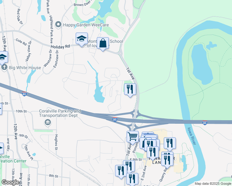 map of restaurants, bars, coffee shops, grocery stores, and more near 30 Redtail Court in Coralville
