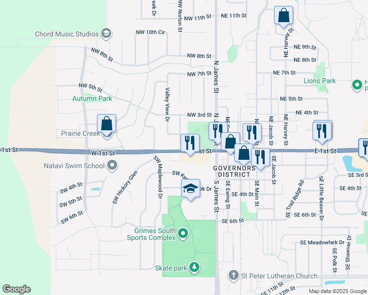 map of restaurants, bars, coffee shops, grocery stores, and more near 400 Northwest 1st Street in Grimes