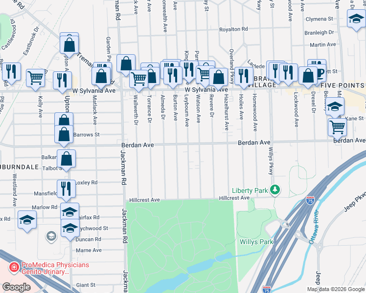 map of restaurants, bars, coffee shops, grocery stores, and more near 3703 Burton Avenue in Toledo