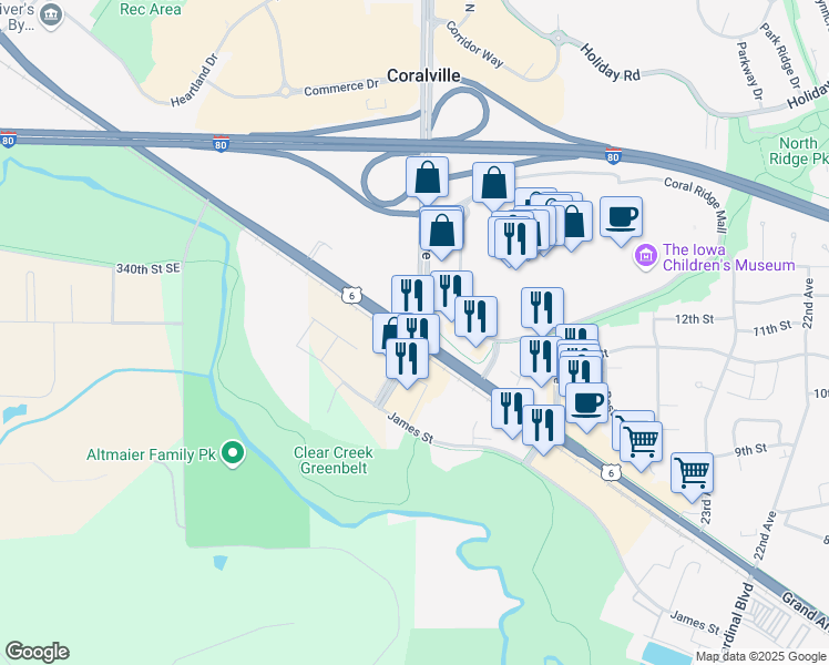 map of restaurants, bars, coffee shops, grocery stores, and more near 750 Coral Ridge Avenue in Coralville